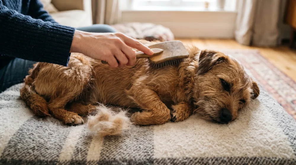 Hund wird auf einer Decke gebürstet, ausgekämmte Unterwolle daneben