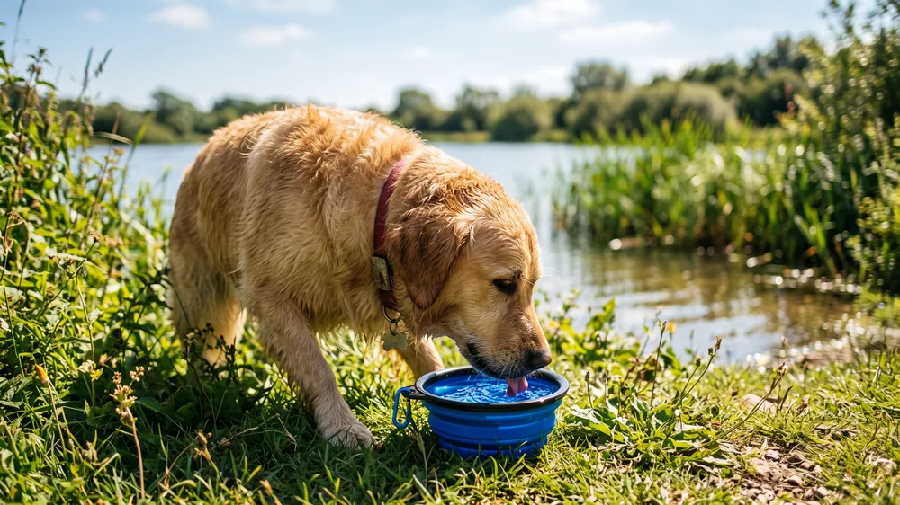 Hund trinkt aus einem faltbaren Reisenapf am Ufer eines Sees