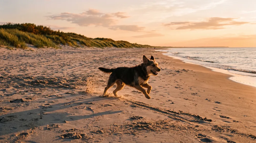 Hund rennt bei Sonnenuntergang über einen weiten Ostseestrand