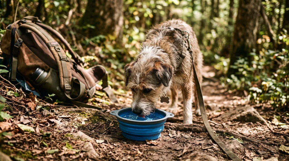 Faltbarer Silikonnapf auf einem Wanderweg, Hund trinkt daraus