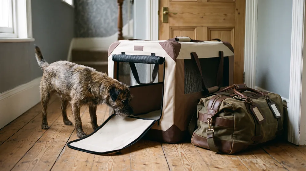 Zusammenklappbare Transportbox steht offen im Flur, Hund schnuppert hinein