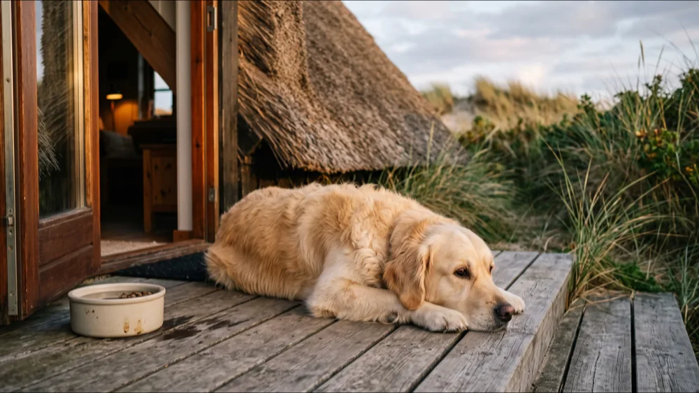 Hund liegt entspannt auf der Terrasse eines Ferienhauses an der Nordsee
