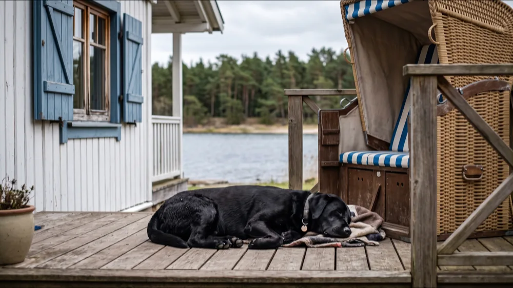 Hund ruht neben einem Strandkorb auf der Veranda einer Ferienwohnung an der Ostsee